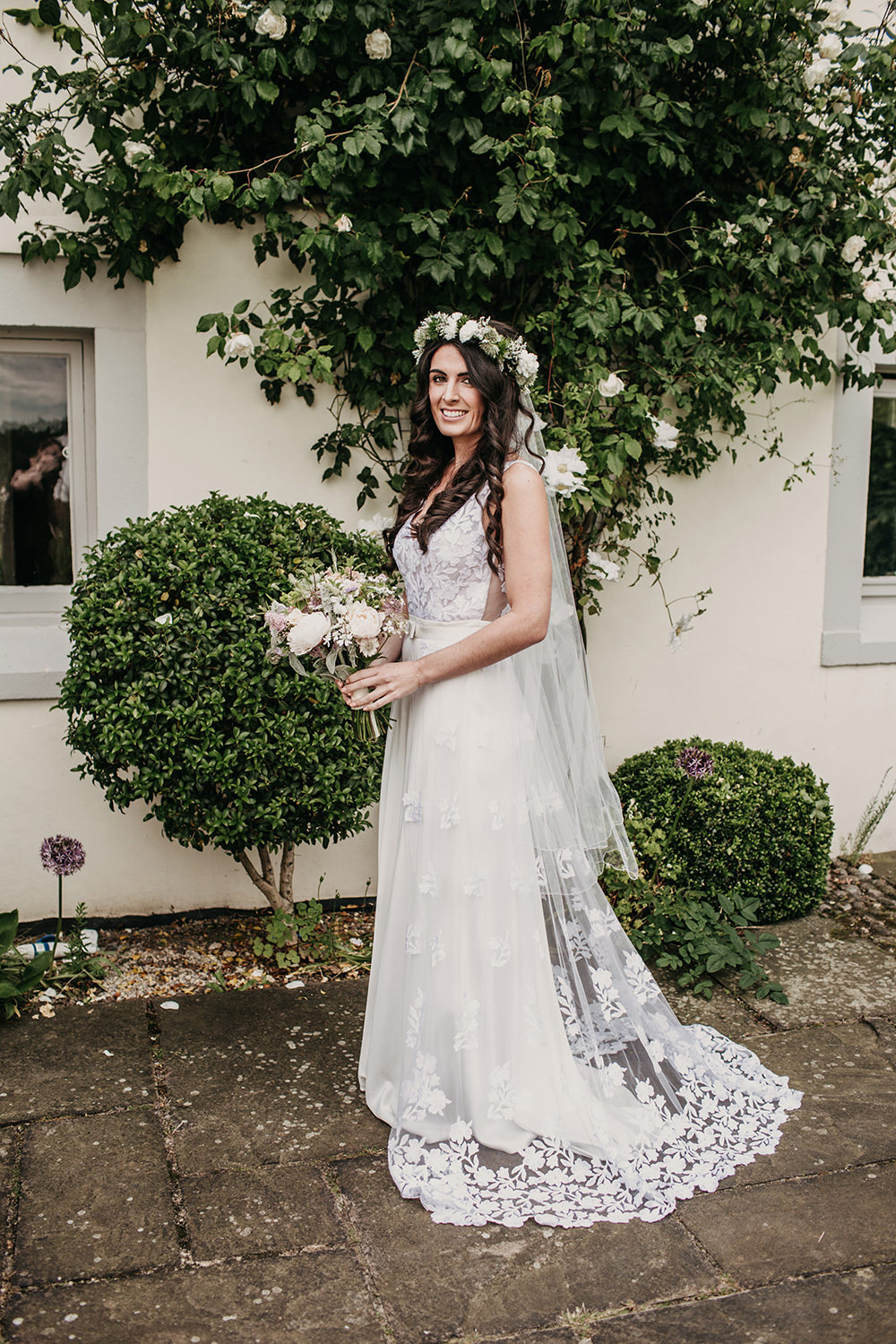 Bride Bridal Dress Gown Lace Train Veil Flower Crown Celeste Marquee Wedding Sarah Longworth Photography