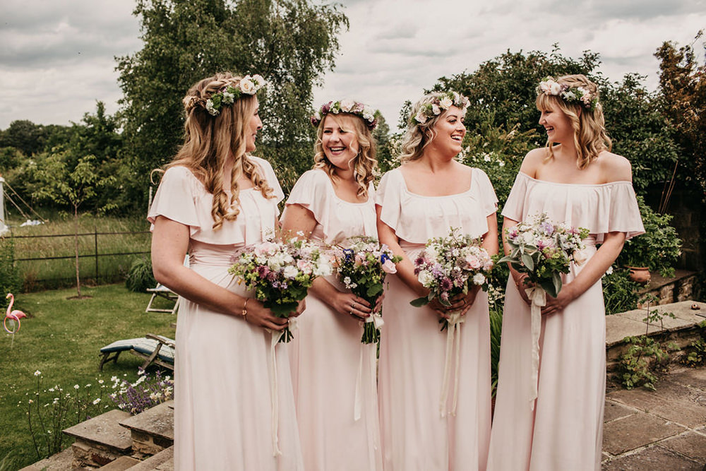 Bridesmaids Bridesmaid Bardot Off Shoulder Pale Pink Dress Dresses Celeste Marquee Wedding Sarah Longworth Photography