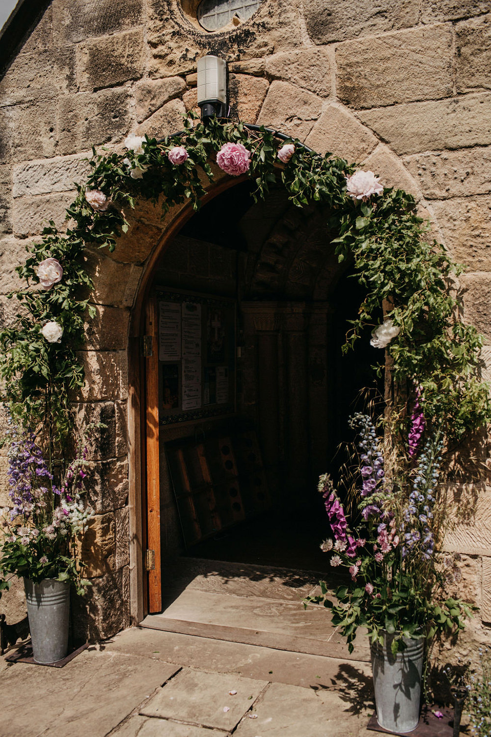 Flower Arch Church Door Entrance Flowers Florals Pink Peony Celeste Marquee Wedding Sarah Longworth Photography