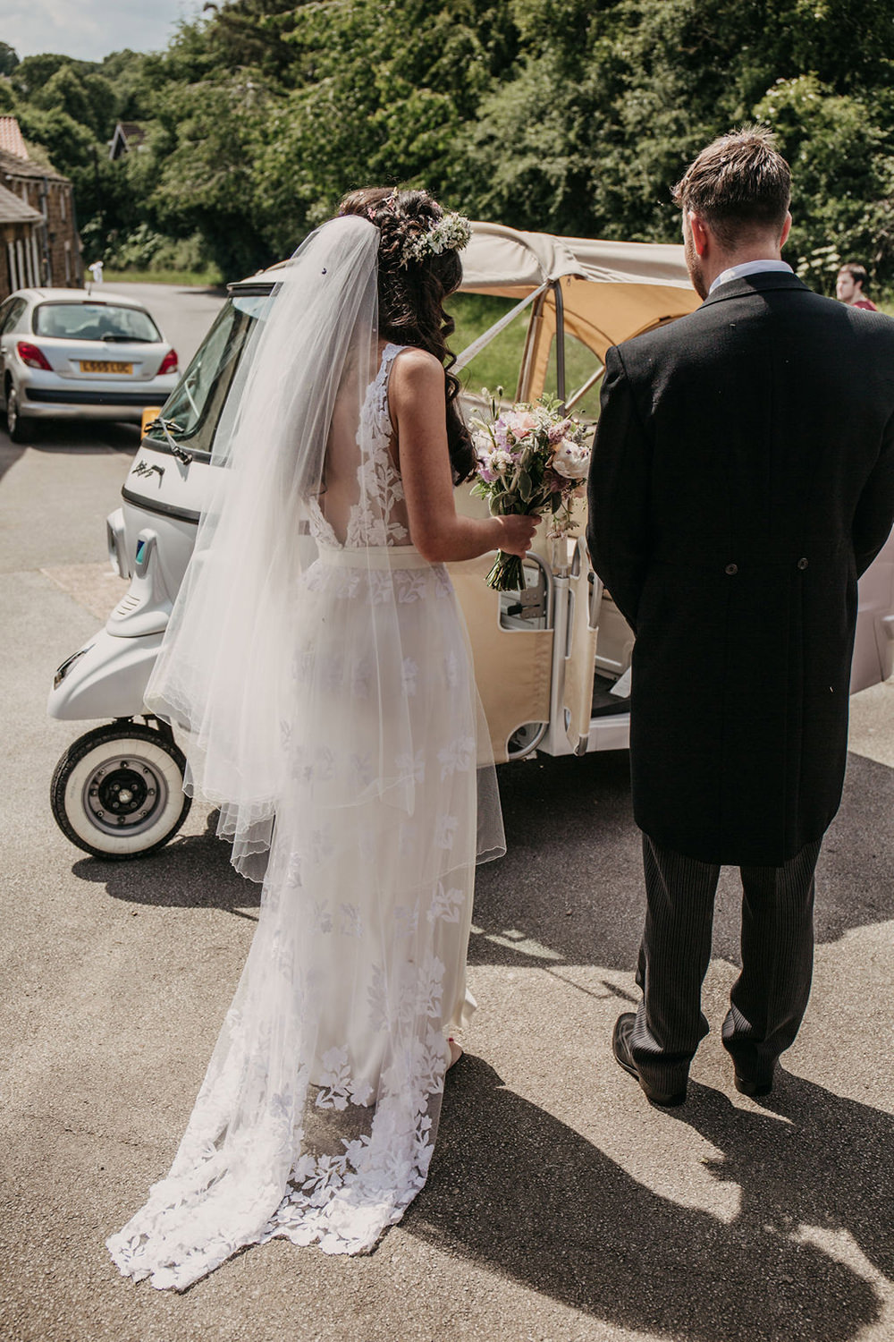Tuk Tuk Transport Car Bride Bridal Dress Gown Lace Train Veil Flower Crown Celeste Marquee Wedding Sarah Longworth Photography