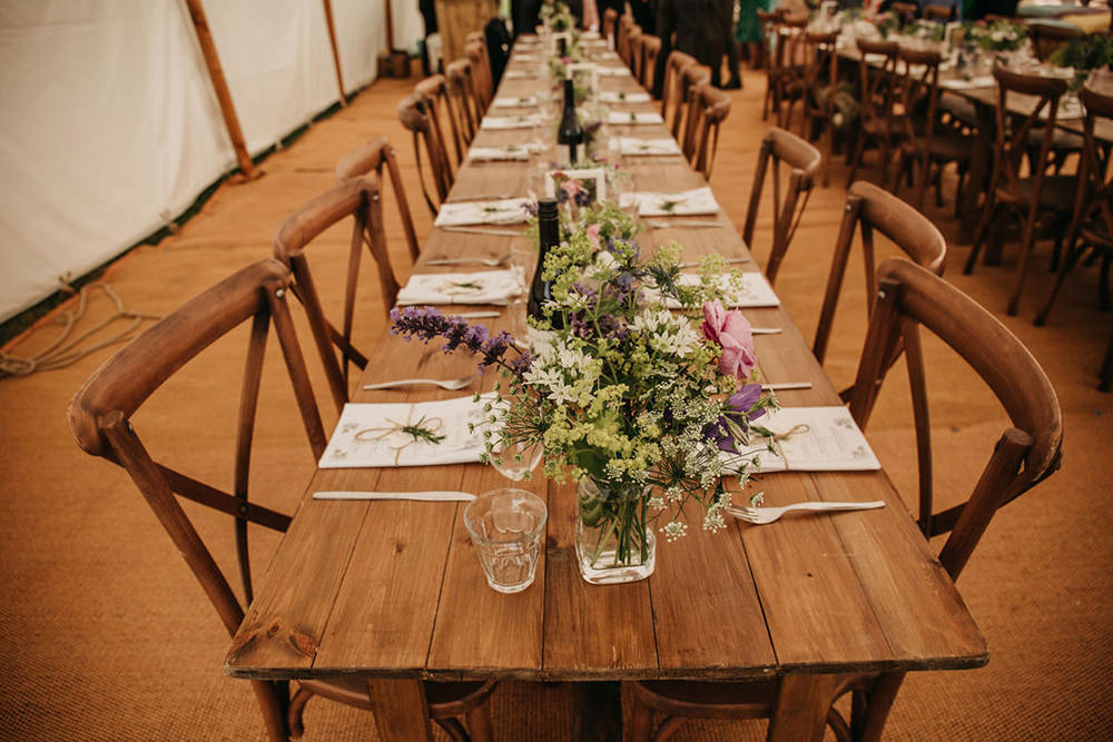 Wild Meadow Flowers Bottle Centrepice Table Celeste Marquee Wedding Sarah Longworth Photography
