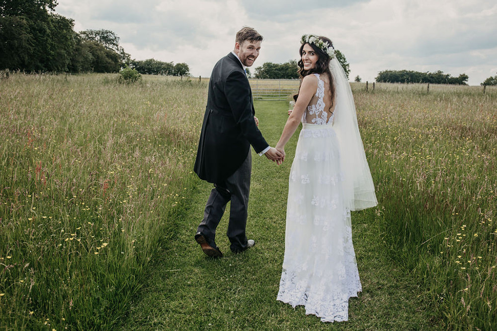 Bride Bridal Dress Gown Lace Train Veil Flower Crown Celeste Marquee Wedding Sarah Longworth Photography