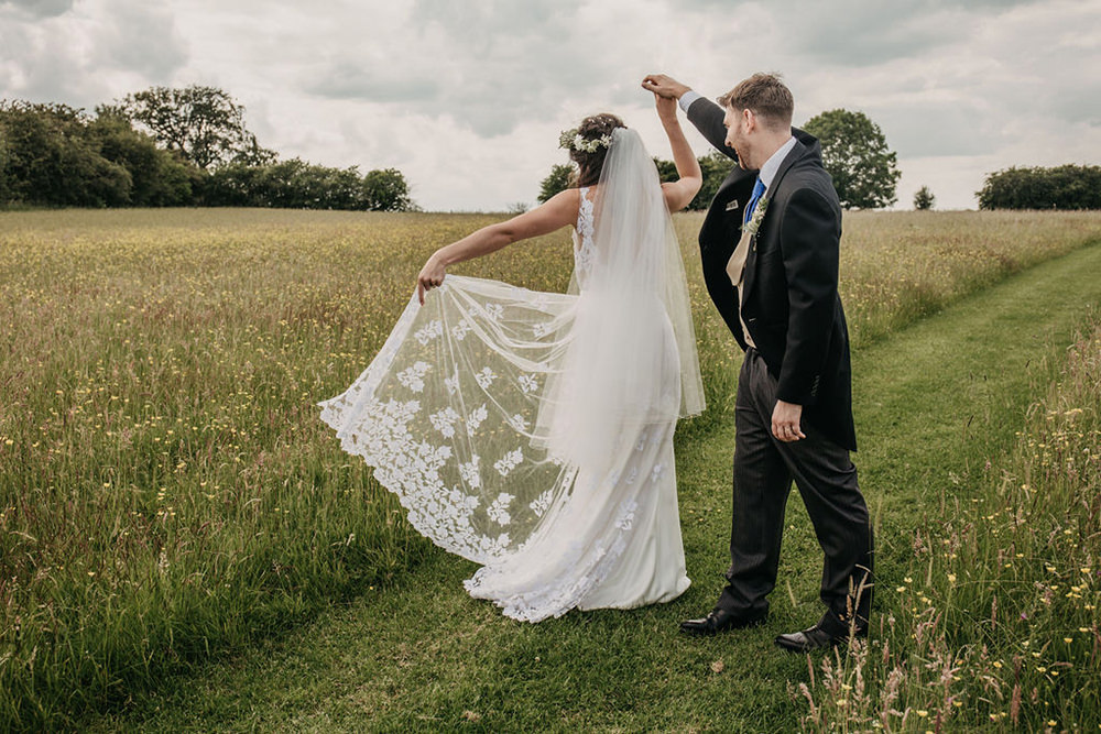 Bride Bridal Dress Gown Lace Train Veil Flower Crown Celeste Marquee Wedding Sarah Longworth Photography
