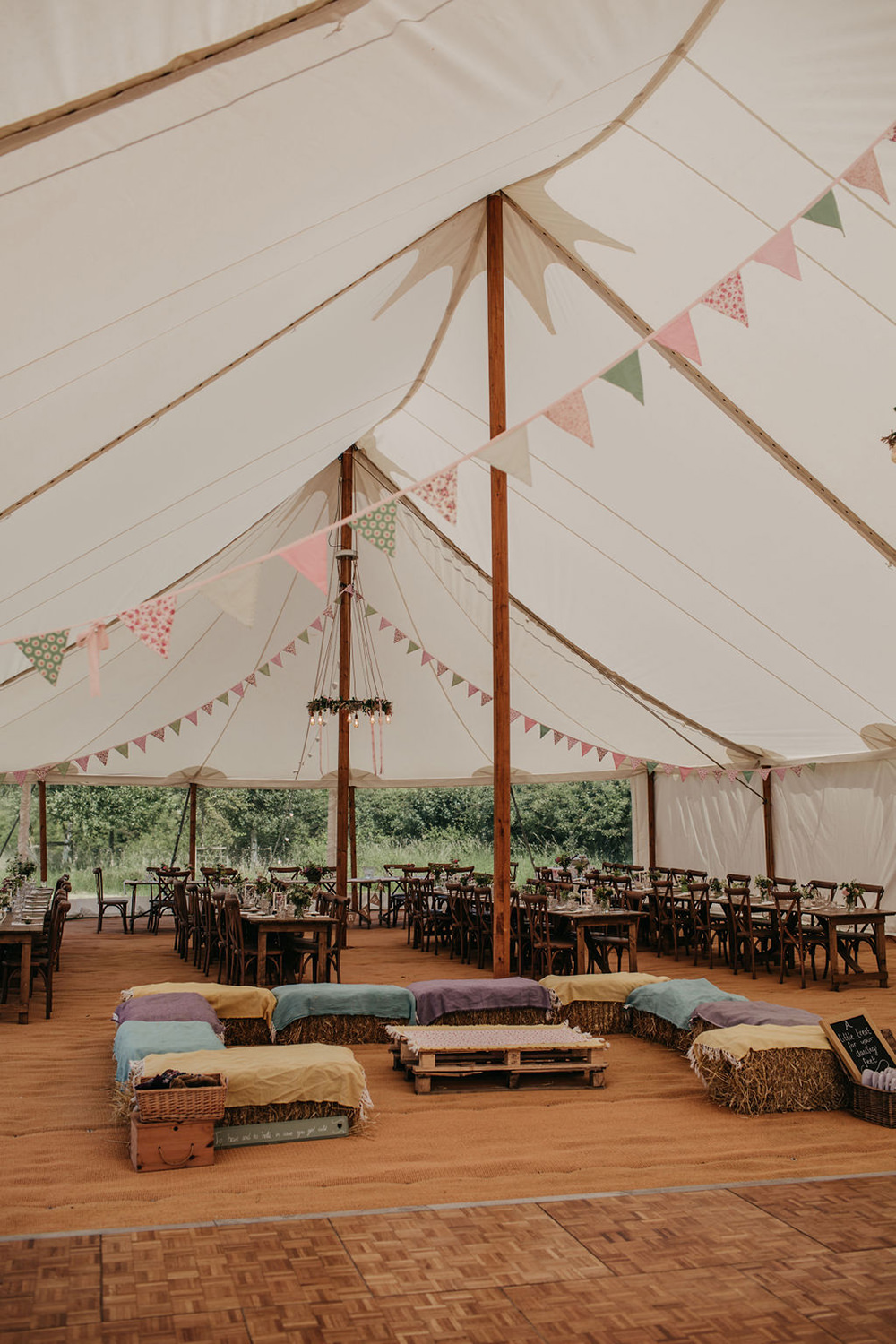 Pole Tent Bunting Hay Bale Seating Celeste Marquee Wedding Sarah Longworth Photography