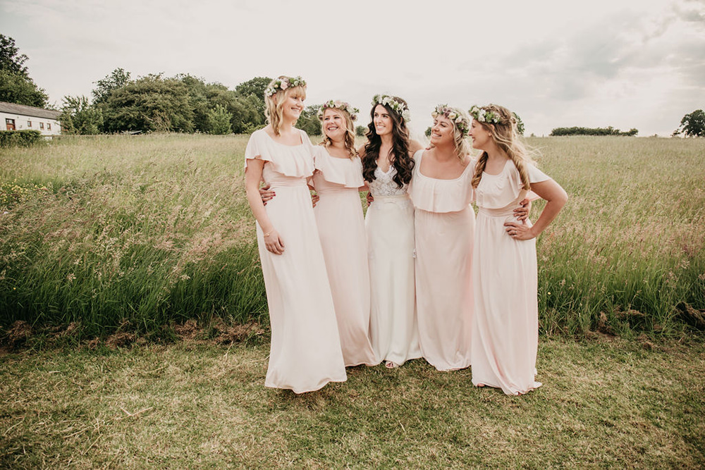 Bridesmaids Bridesmaid Bardot Off Shoulder Pale Pink Dress Dresses Celeste Marquee Wedding Sarah Longworth Photography