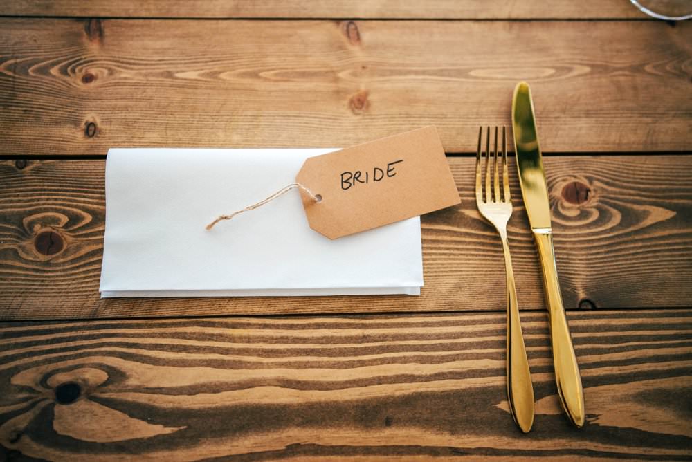 Luggage Tag Place Name Gold Cutlery Chichester Hall Wedding Three Flowers Photography