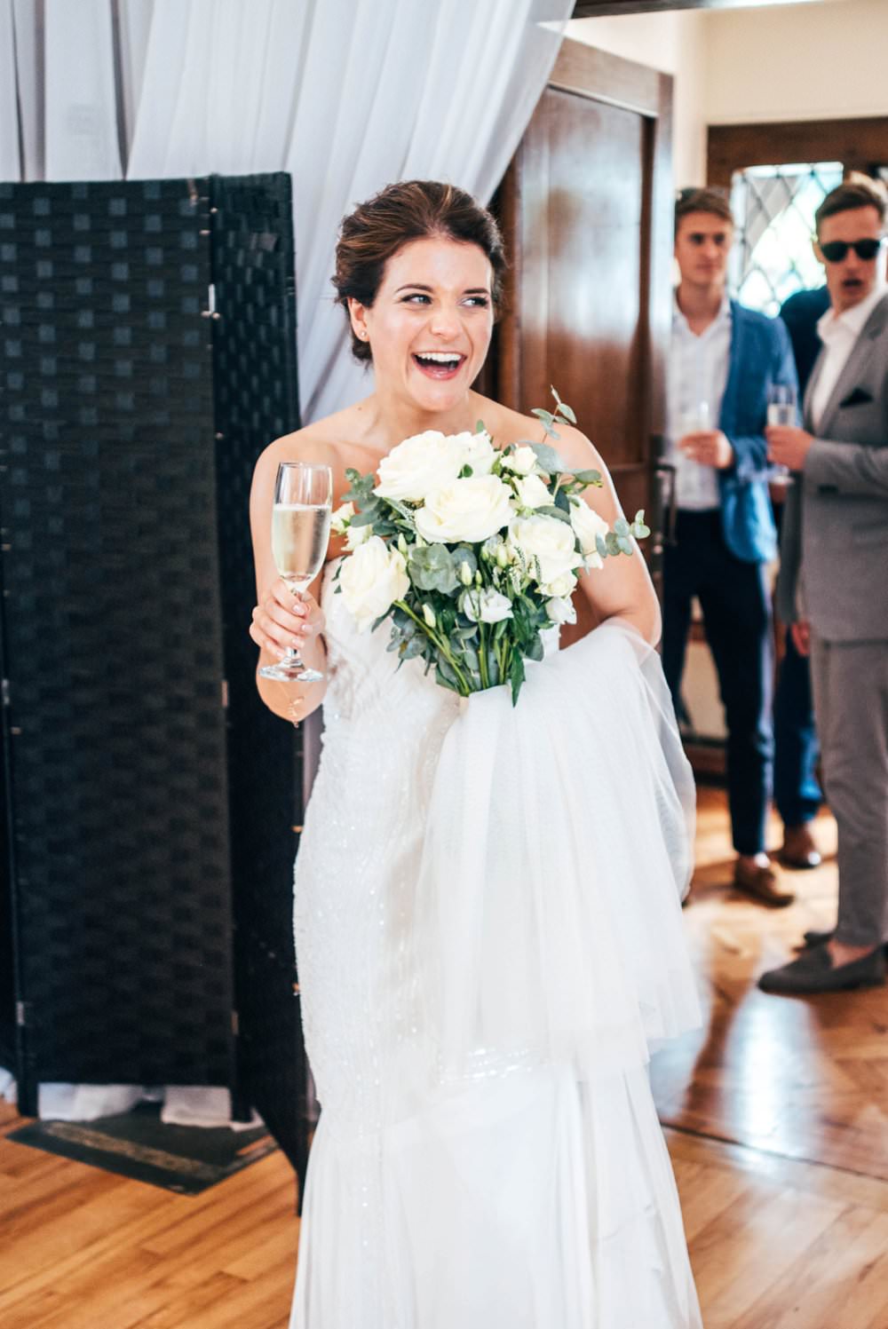 Dress Gown Bride Bridal Lace Strapless Chichester Hall Wedding Three Flowers Photography