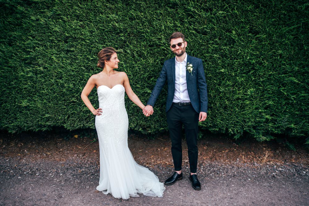 Dress Gown Bride Bridal Lace Strapless Groom Suit Blue Shirt Open Collar Chichester Hall Wedding Three Flowers Photography