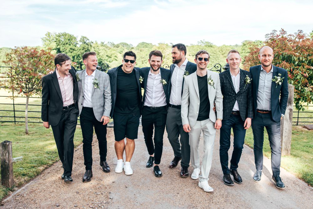 Groom Suit Blue Shirt Open Collar Groomsmen Mismatched Chichester Hall Wedding Three Flowers Photography
