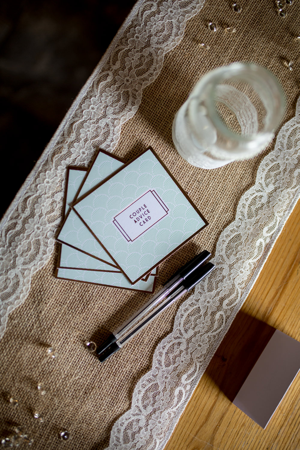 Couple Advice Card Hessian Lace Runner East Quay Wedding Florence Berry Photography