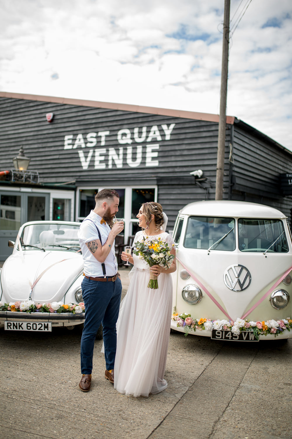 Bride Bridal Lace Cap Sleeve Separates Top Skirt Bow Tie Braces Groom Veil VW Campervan Vintage Car East Quay Wedding Florence Berry Photography