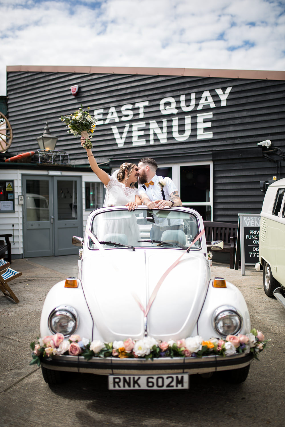 Vintage Car Wedding Transport Bride Bridal Lace Cap Sleeve Dress Bow Tie Braces Groom East Quay Wedding Florence Berry Photography