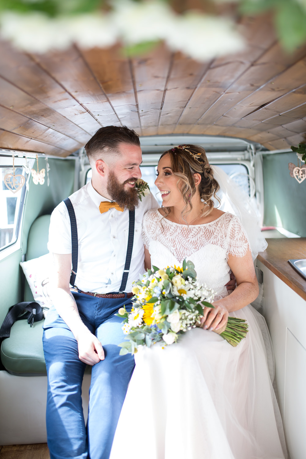 Bride Bridal Lace Cap Sleeve Separates Top Skirt Bow Tie Braces Groom Veil VW Campervan East Quay Wedding Florence Berry Photography