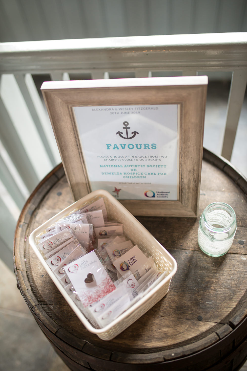 Favours Pin Badge Charity Barrel East Quay Wedding Florence Berry Photography