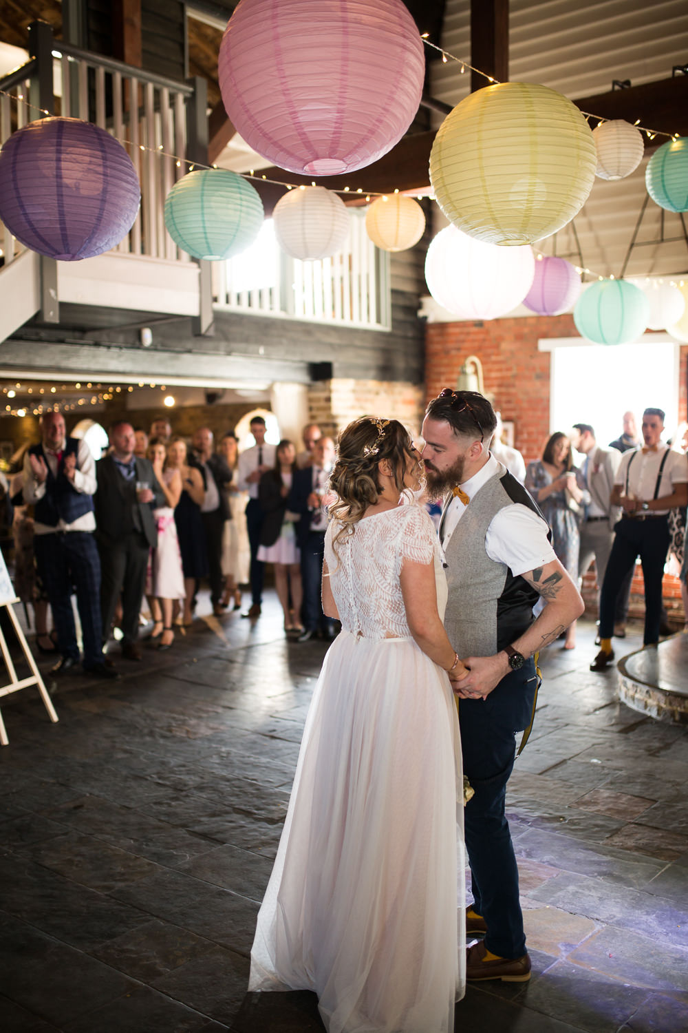 Bride Bridal Lace Cap Sleeve Separates Top Skirt Bow Tie Braces Groom Waistcoat Pastel Paper Lanterns East Quay Wedding Florence Berry Photography