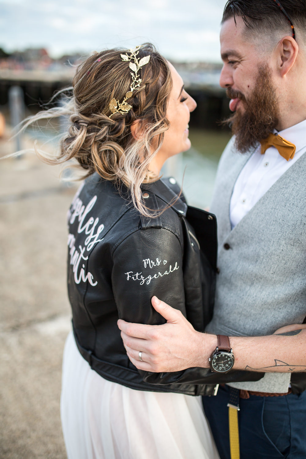 Personalised Leather Jacket Gold Hair Vine East Quay Wedding Florence Berry Photography
