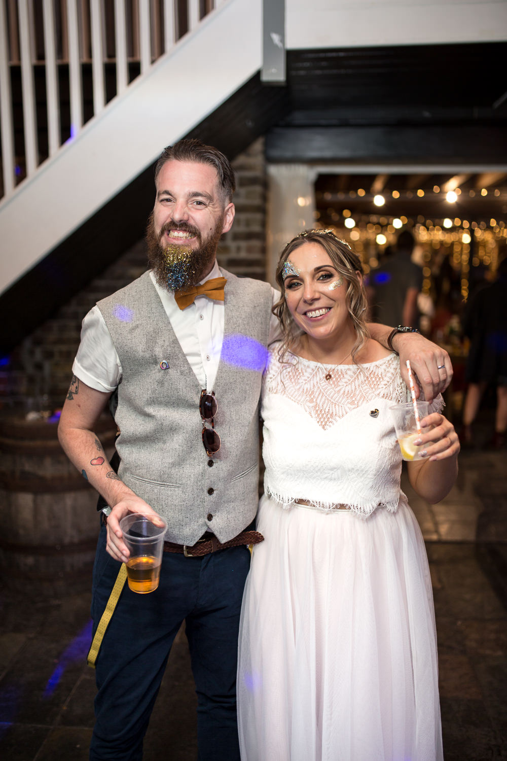 Bride Bridal Lace Cap Sleeve Separates Top Skirt Bow Tie Braces Groom Waistcoat Glitter Beard Make Up East Quay Wedding Florence Berry Photography