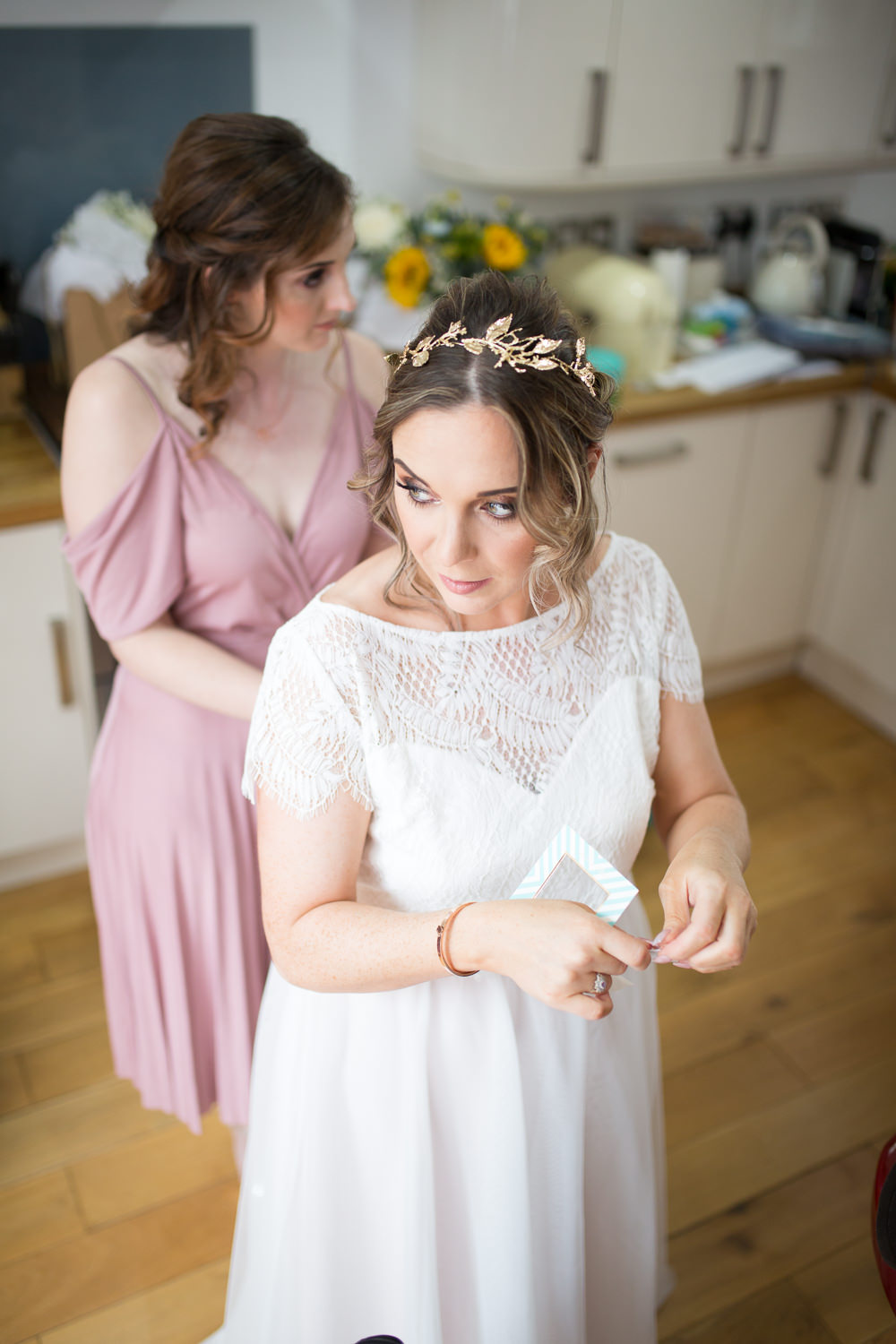 Lace cap Sleeve Bridal Separates Bride Gold Hair Vine East Quay Wedding Florence Berry Photography