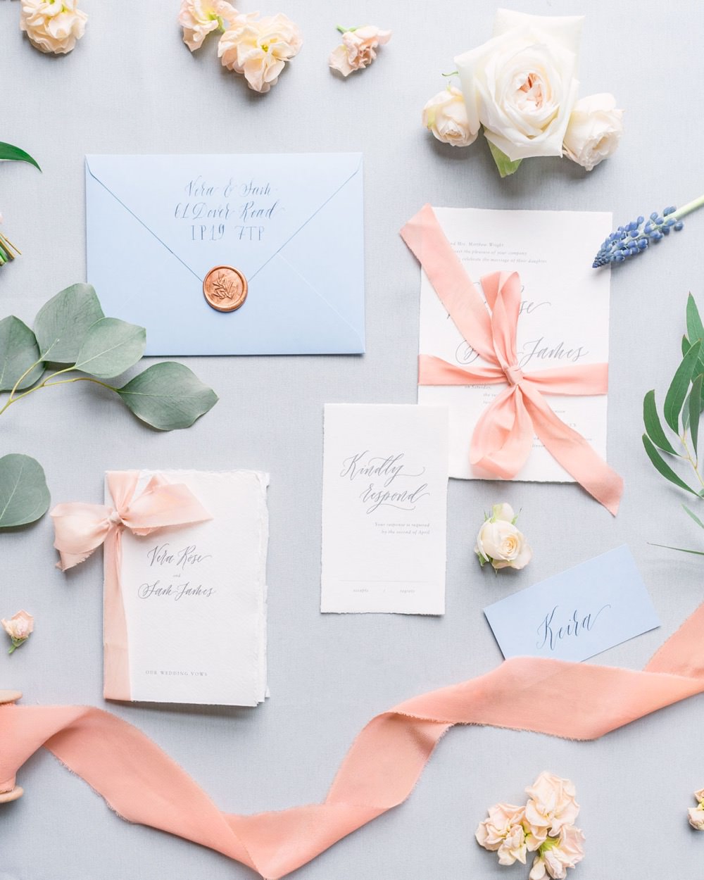 Pastel Pink Blue Stationery Invite Invitations Coral Peach Wax Seal Calligraphy Flat Lay Elegant Wedding Ideas Yll Weddings