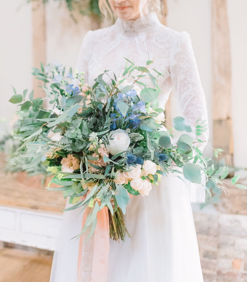 Bouquet Flowers Bride Bridal Oversized Unstructured Thistle Peach Rose Greenery Foliage Eucalyptus Ribbon Elegant Wedding Ideas Yll Weddings