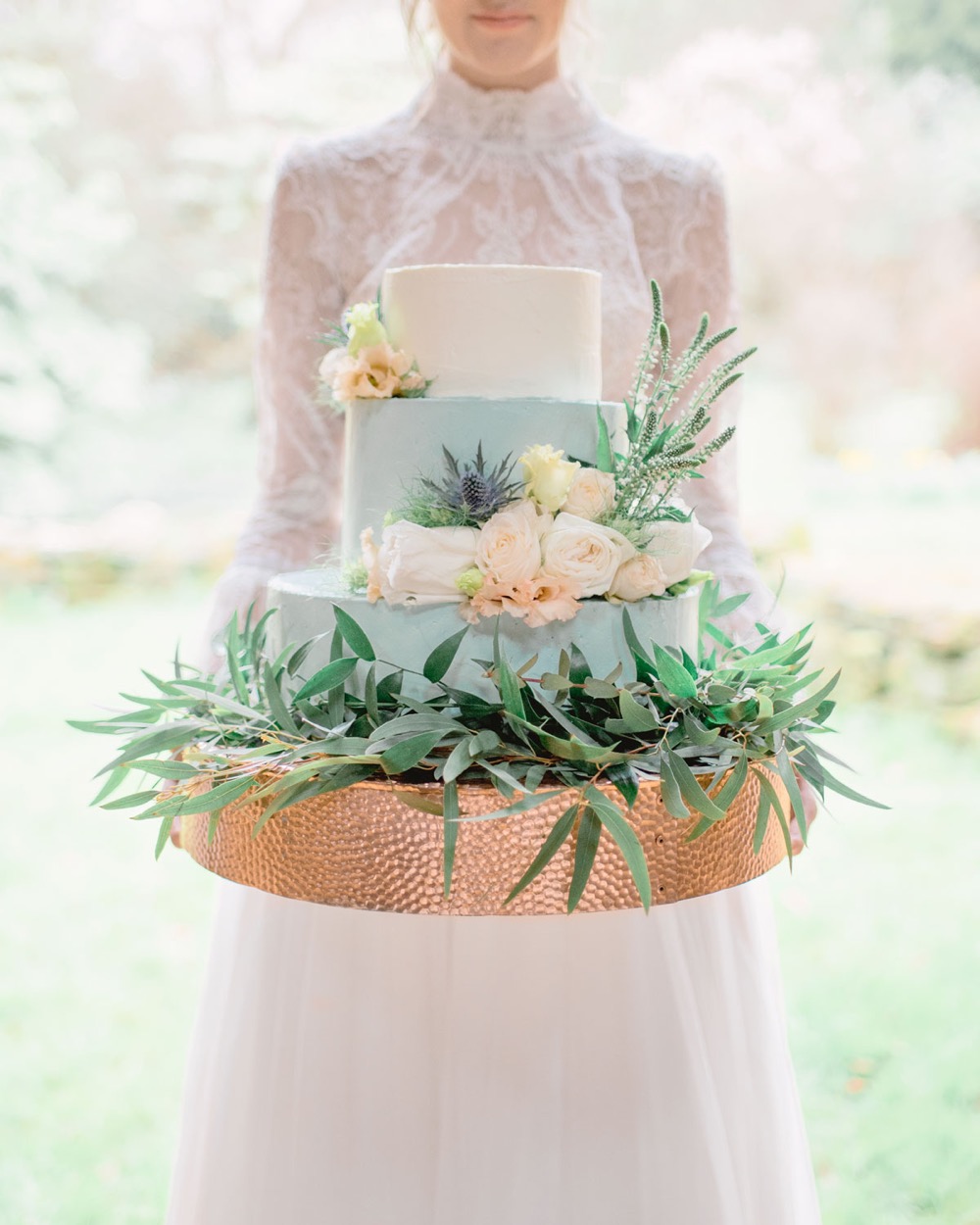 Cake Blue Peach Florals Flowers Greenery Foliage Elegant Wedding Ideas Yll Weddings