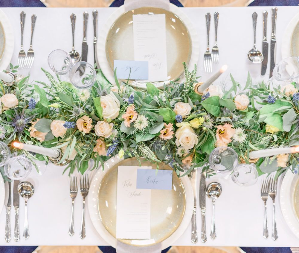 Tablescape Table Decor Decoration Peach Flowers Greenery Foliage Candles Runner Swag Elegant Wedding Ideas Yll Weddings