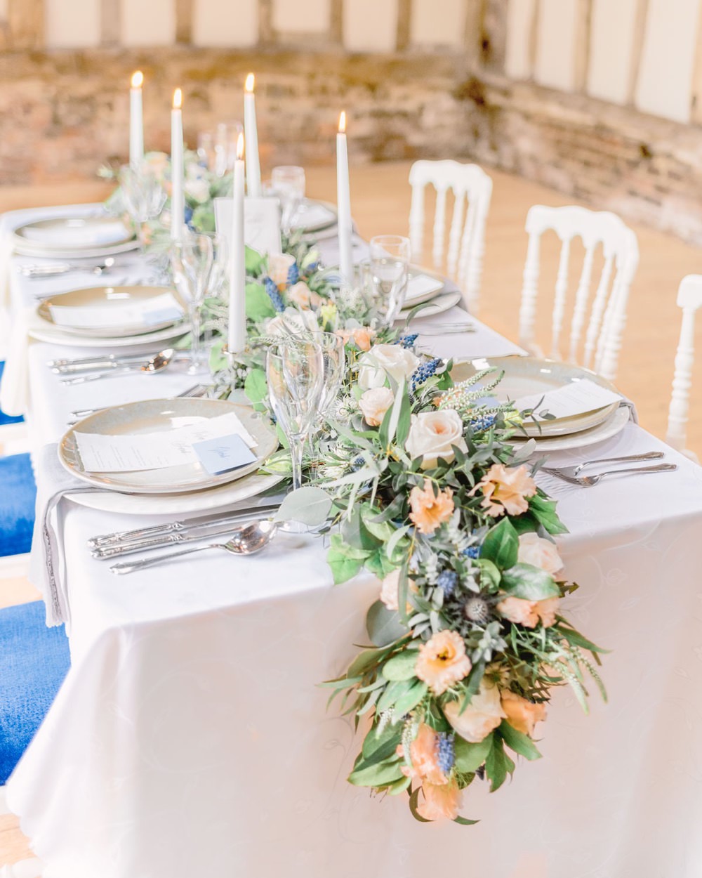 Tablescape Table Decor Decoration Peach Flowers Greenery Foliage Candles Runner Swag Elegant Wedding Ideas Yll Weddings