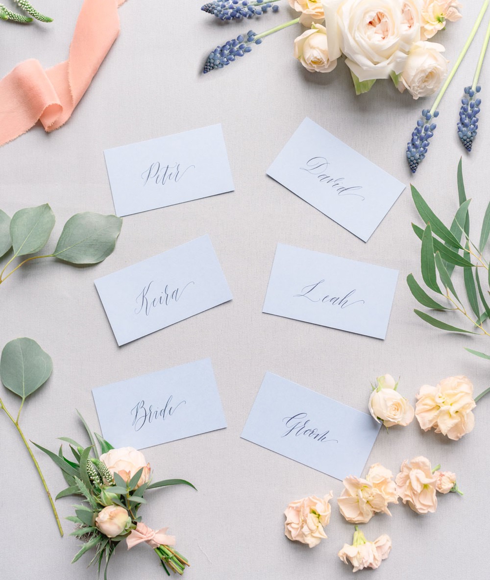 Pastel Pink Blue Stationery Coral Peach Wax Seal Calligraphy Flat Lay Place Name Cards Tags Elegant Wedding Ideas Yll Weddings