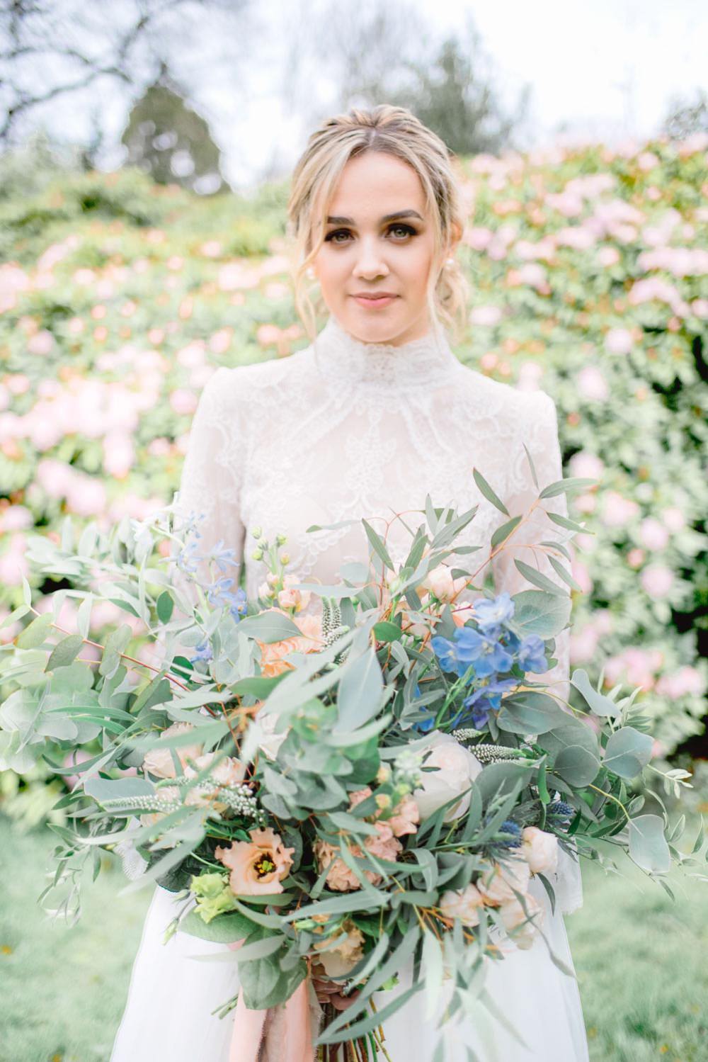 Bouquet Flowers Bride Bridal Oversized Unstructured Thistle Peach Rose Greenery Foliage Eucalyptus Ribbon Elegant Wedding Ideas Yll Weddings