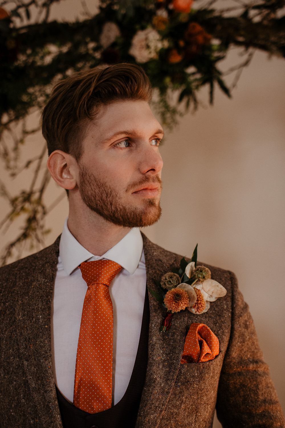 Groom Suit Brown Tweed Orange Tie Maroon Waistcoat Buttonhole Flowers Dried Seed Heads Elopement Wedding Ideas Oilvejoy Photography