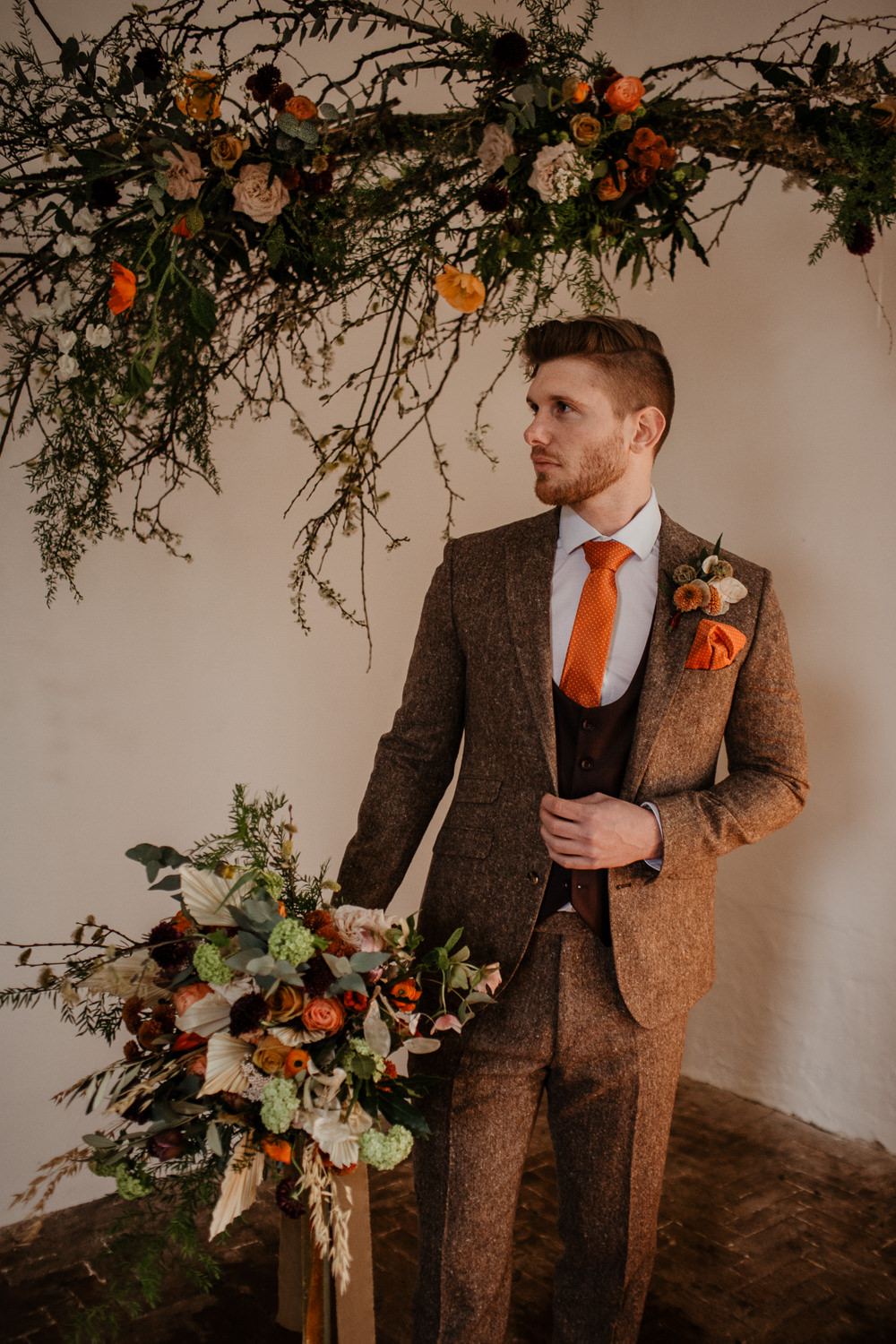 Groom Suit Brown Tweed Orange Tie Maroon Waistcoat Buttonhole Flowers Dried Seed Heads Elopement Wedding Ideas Oilvejoy Photography