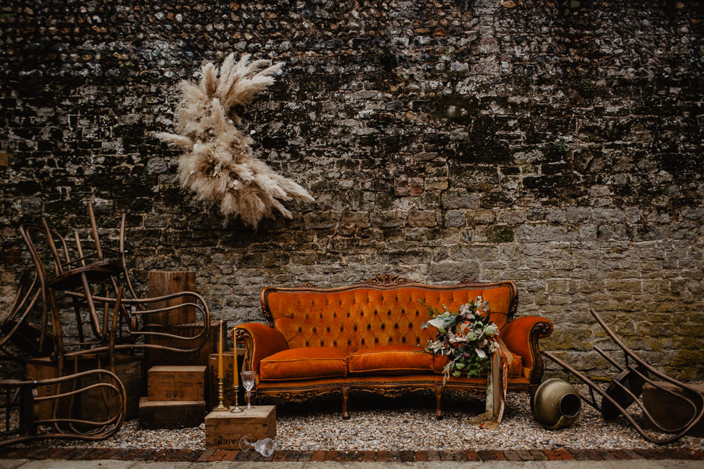 Crescent Moon Pampas Grass Installation Backdrop Flowers Floral Orange Sofa Vintage Elopement Wedding Ideas Oilvejoy Photography