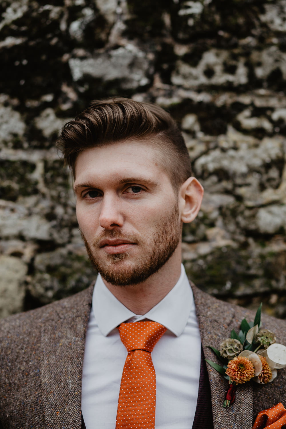 Groom Suit Brown Tweed Orange Tie Maroon Waistcoat Buttonhole Flowers Dried Seed Heads Elopement Wedding Ideas Oilvejoy Photography