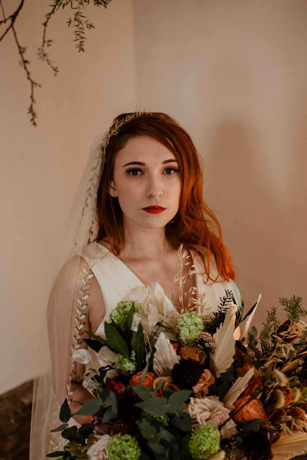 Bride Bridal Make Up Long Hair Waves Curls Veil Crown Bouquet Flowers Bride Bridal Ribbons Orange Rose Dried Flowers Seed Heads Large Oversized Autumn Fall Elopement Wedding Ideas Oilvejoy Photography