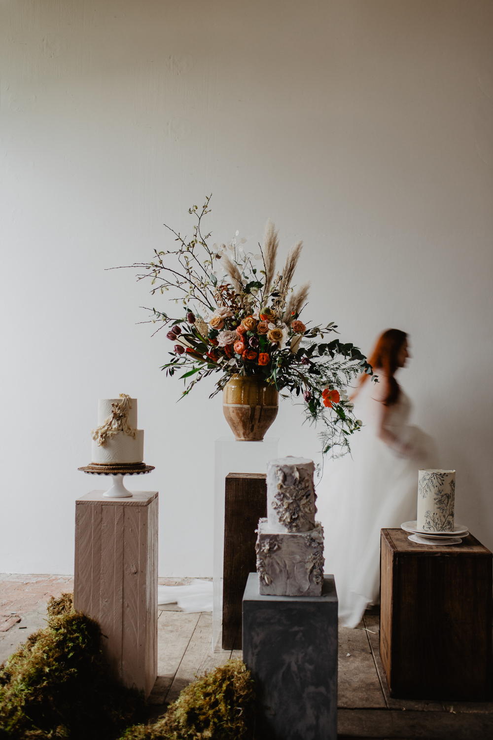 Cake Table Dessert Cakes Dried Flowers Pottery Fabric Earthy Natural Plinths Moss Confetti Installation Flowers Vase Elopement Wedding Ideas Oilvejoy Photography