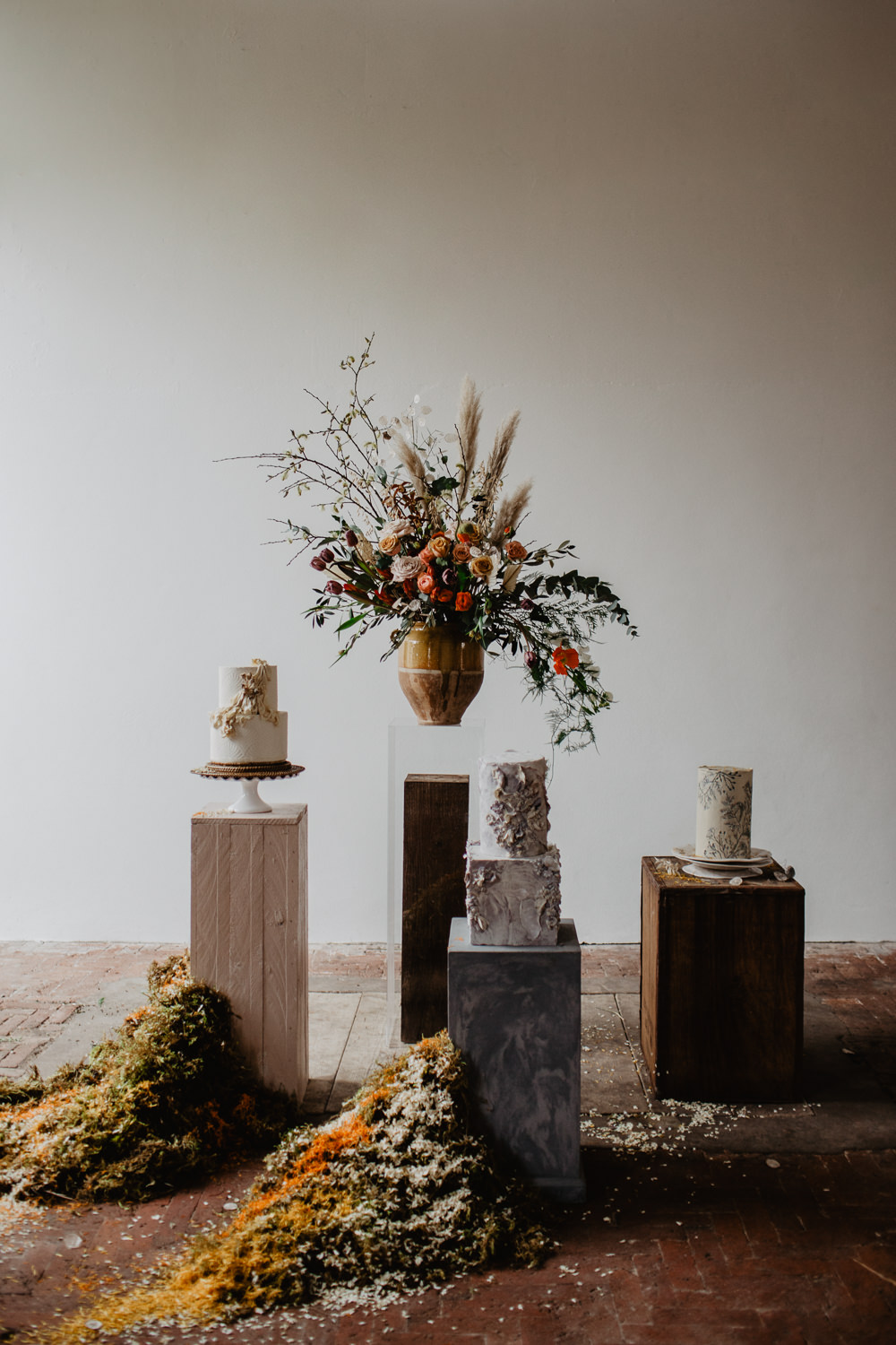 Cake Table Dessert Cakes Dried Flowers Pottery Fabric Earthy Natural Plinths Moss Confetti Installation Flowers Vase Elopement Wedding Ideas Oilvejoy Photography