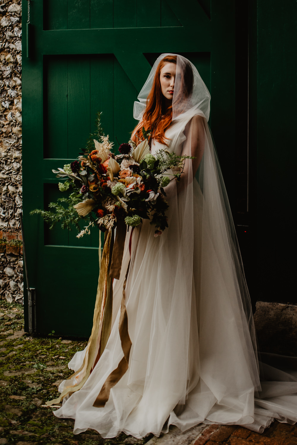 Dress Gown Bride Bridal Organza Ballet Cape Veil Hood Bouquet Flowers Bride Bridal Ribbons Orange Rose Dried Flowers Seed Heads Large Oversized Autumn Fall Elopement Wedding Ideas Oilvejoy Photography