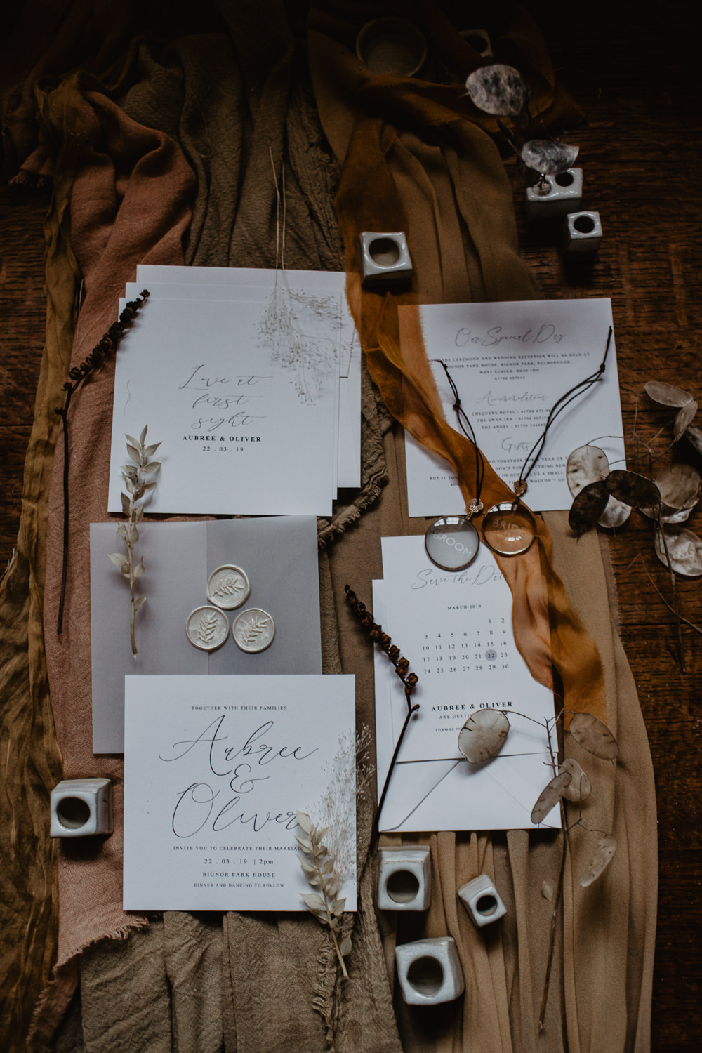 Stationery Invite Invitations Silks Fabric Burnt Orange Fall Autumn Calligraphy Grey Wax Seal Flat Lay Elopement Wedding Ideas Oilvejoy Photography