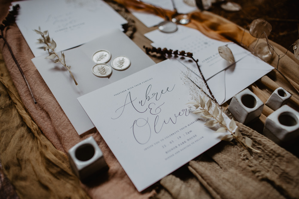 Stationery Invite Invitations Silks Fabric Burnt Orange Fall Autumn Calligraphy Grey Wax Seal Flat Lay Elopement Wedding Ideas Oilvejoy Photography