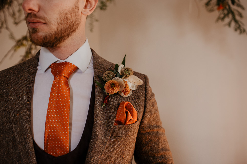 Groom Suit Brown Tweed Orange Tie Maroon Waistcoat Buttonhole Flowers Dried Seed Heads Elopement Wedding Ideas Oilvejoy Photography