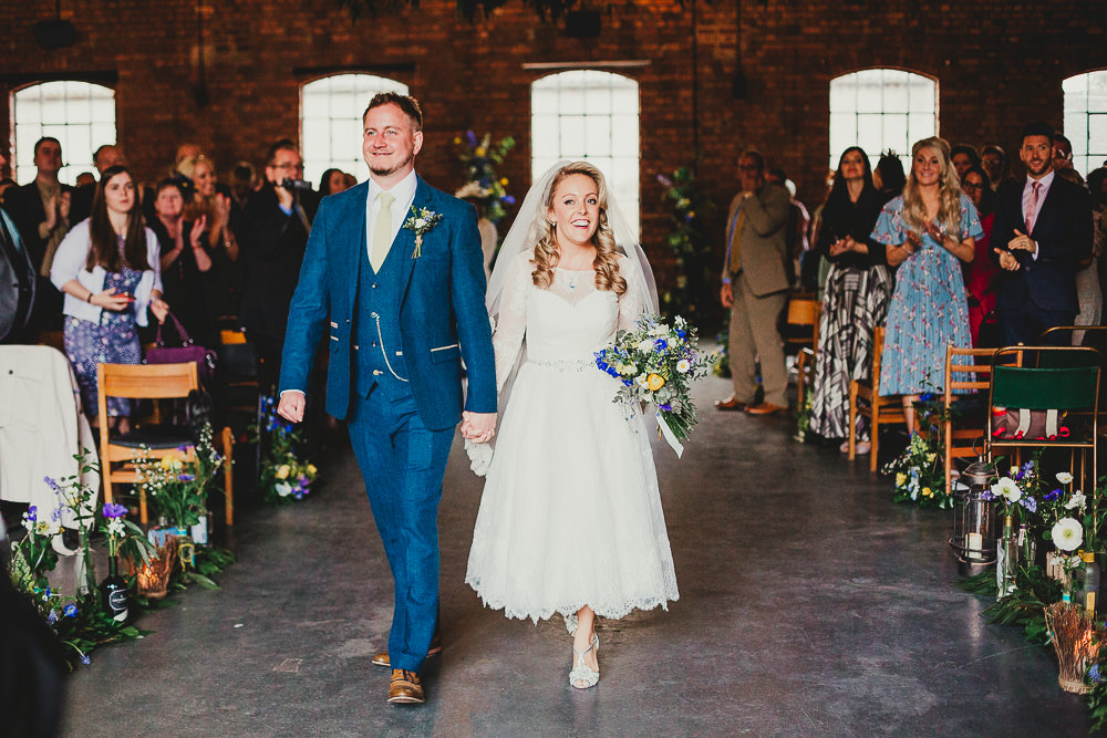 Bride Bridal Dress Gown Louise Bentley Tea Length Lace Short Groom Suit Navy Yellow Tie Elsecar Heritage Centre Wedding Ayesha Photography