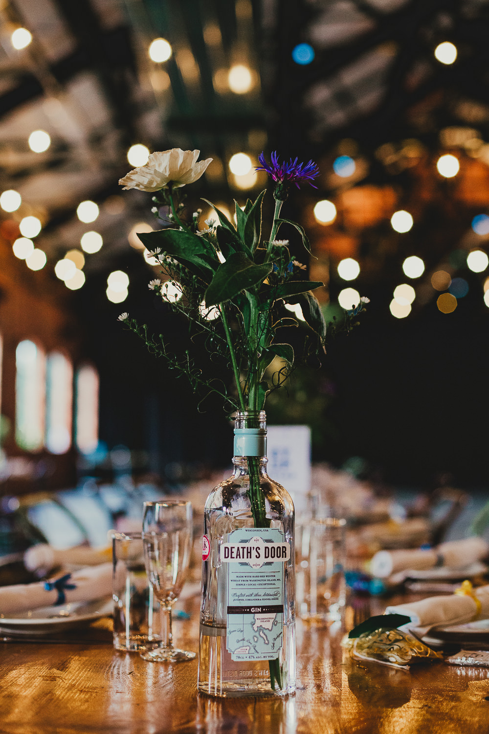 Gin Bottle Flowers Decor Centrepiece Elsecar Heritage Centre Wedding Ayesha Photography