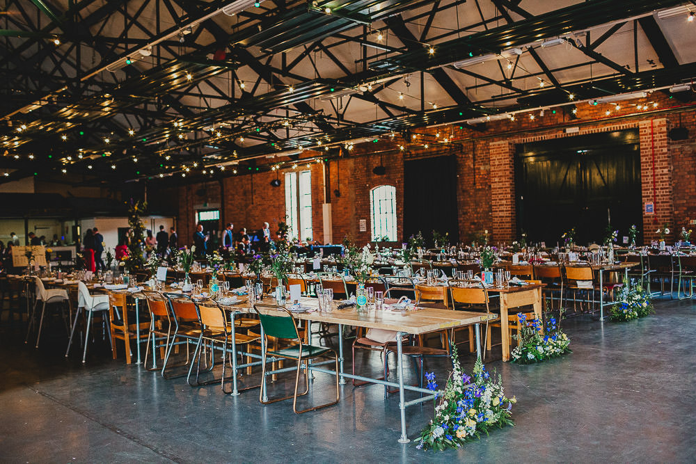 Warehouse Venue Festoon Lights Long Tables School Chairs Elsecar Heritage Centre Wedding Ayesha Photography