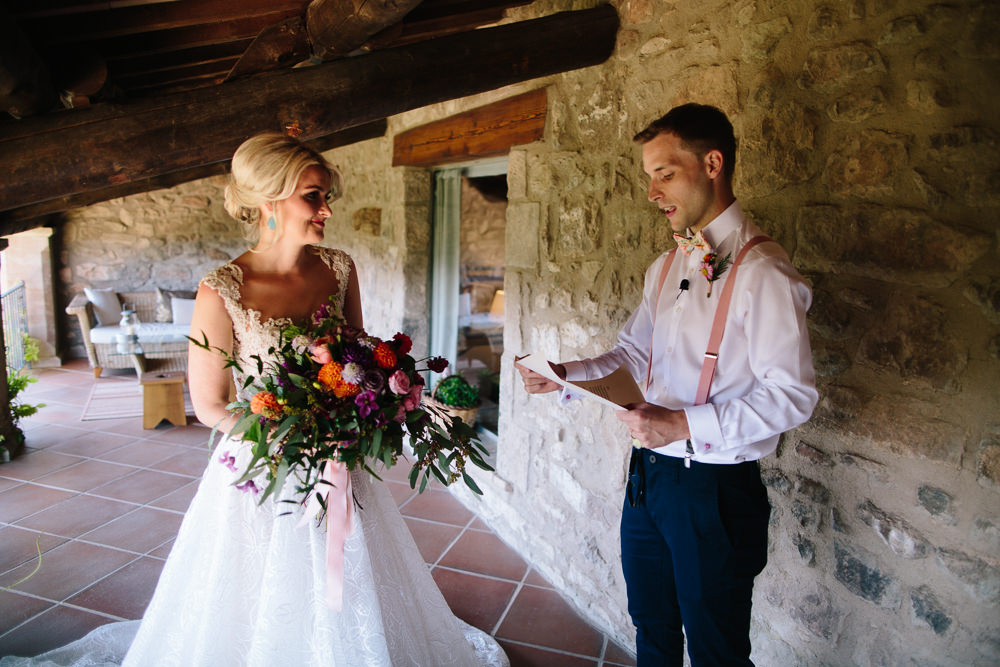Bride Bridal Lace Strappy Sleeveless Embellished Dress Gown Mismatched Bow Tie Multicoloured Bouquet Forest Spain Destination Wedding Dan Hough Photography