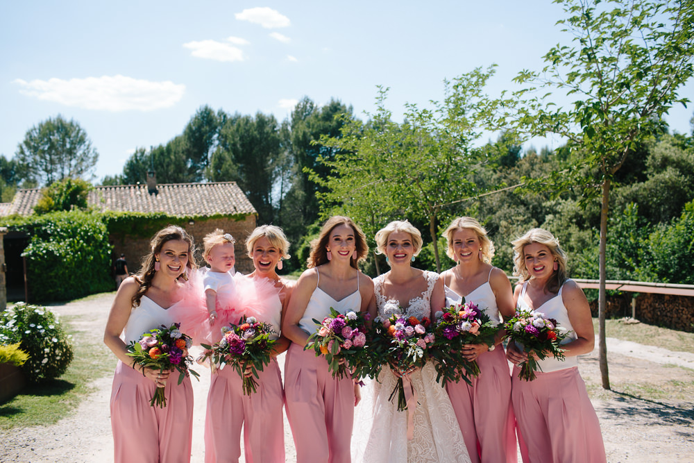 Bride Bridal Lace Strappy Sleeveless Embellished Dress Gown Bridesmaid Trousers Separates Pink Forest Spain Destination Wedding Dan Hough Photography