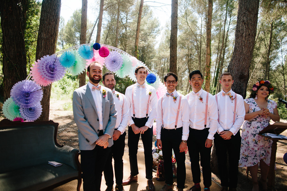 Groom Groomsmen Braces Bow Tie Mismatched Pink Paper Lantern Pin Wheel Arch Forest Spain Destination Wedding Dan Hough Photography
