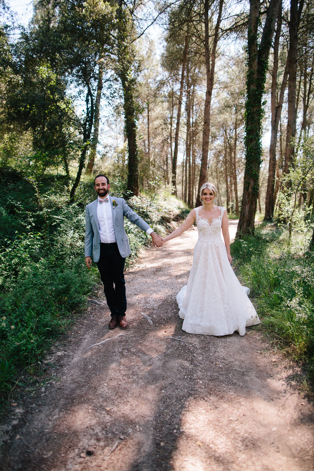 Bride Bridal Lace Strappy Sleeveless Embellished Dress Gown Mismatched Bow Tie Groom Forest Spain Destination Wedding Dan Hough Photography