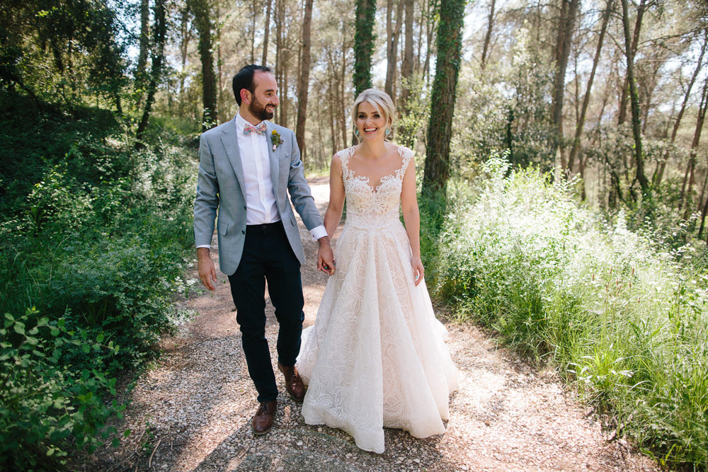 Bride Bridal Lace Strappy Sleeveless Embellished Dress Gown Mismatched Bow Tie Groom Forest Spain Destination Wedding Dan Hough Photography