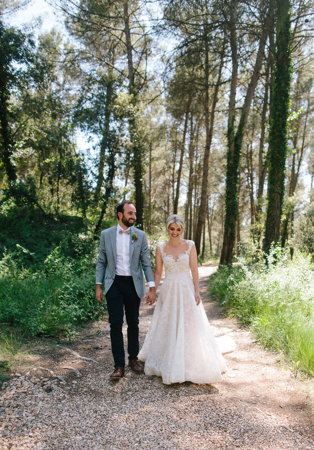 Bride Bridal Lace Strappy Sleeveless Embellished Dress Gown Mismatched Bow Tie Groom Forest Spain Destination Wedding Dan Hough Photography