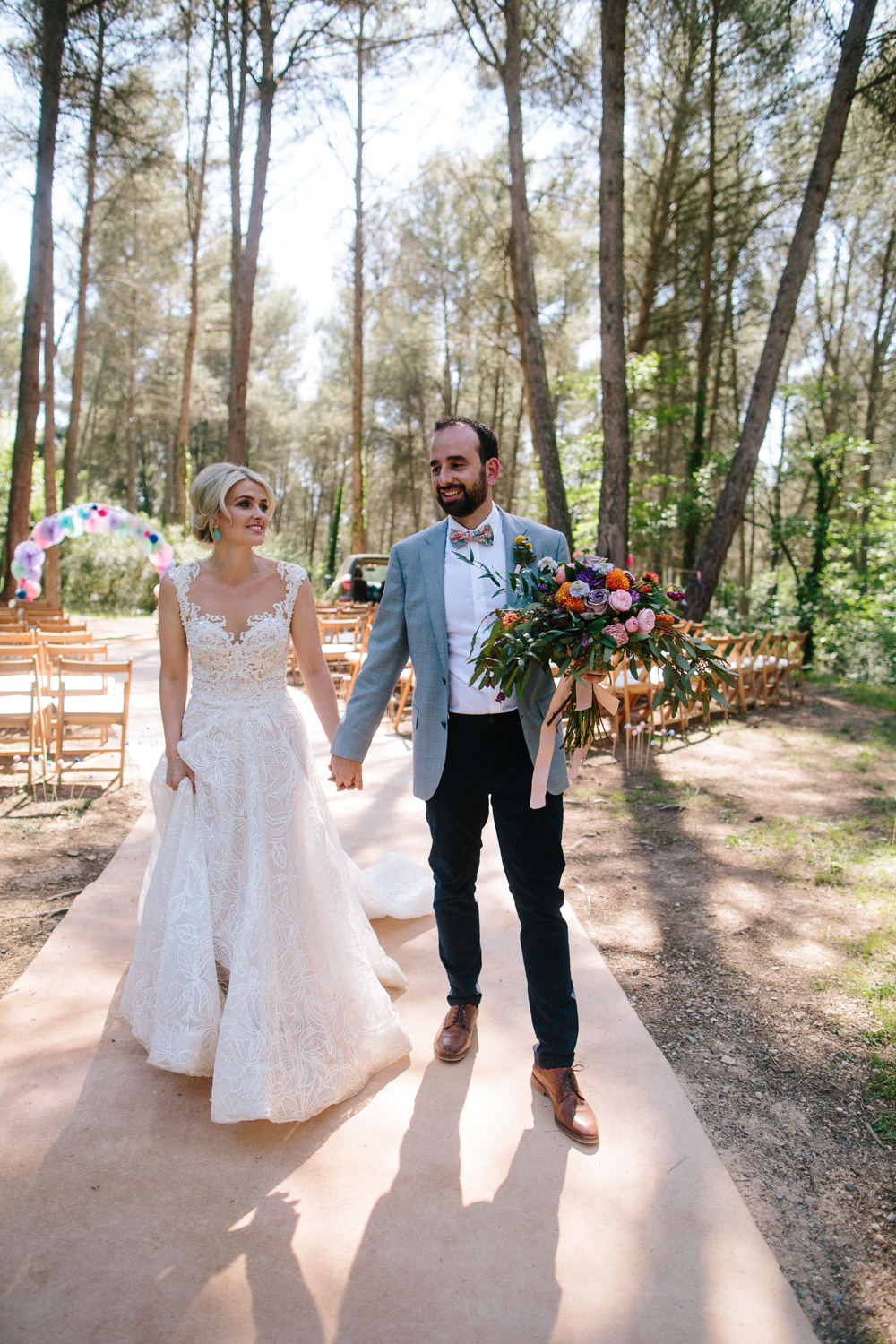 Bride Bridal Lace Strappy Sleeveless Embellished Dress Gown Mismatched Bow Tie Groom Forest Spain Destination Wedding Dan Hough Photography